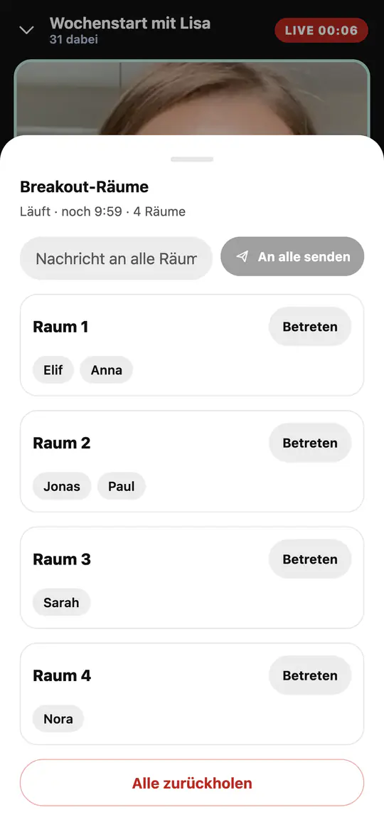 Am Handy: Breakout-Räume laufen: vier Räume mit Personen