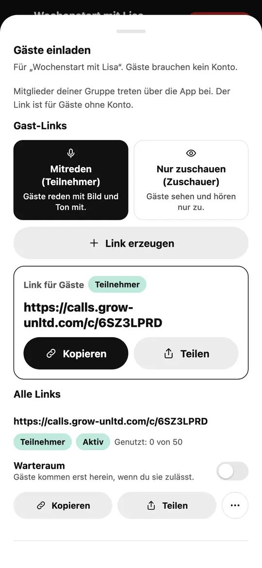 Am Handy: Gäste einladen: Link für Gäste mit Rolle und Warteraum