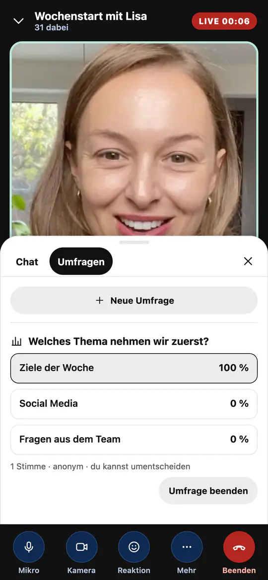 Am Handy: Umfrage im Call mit Ergebnis in Prozent