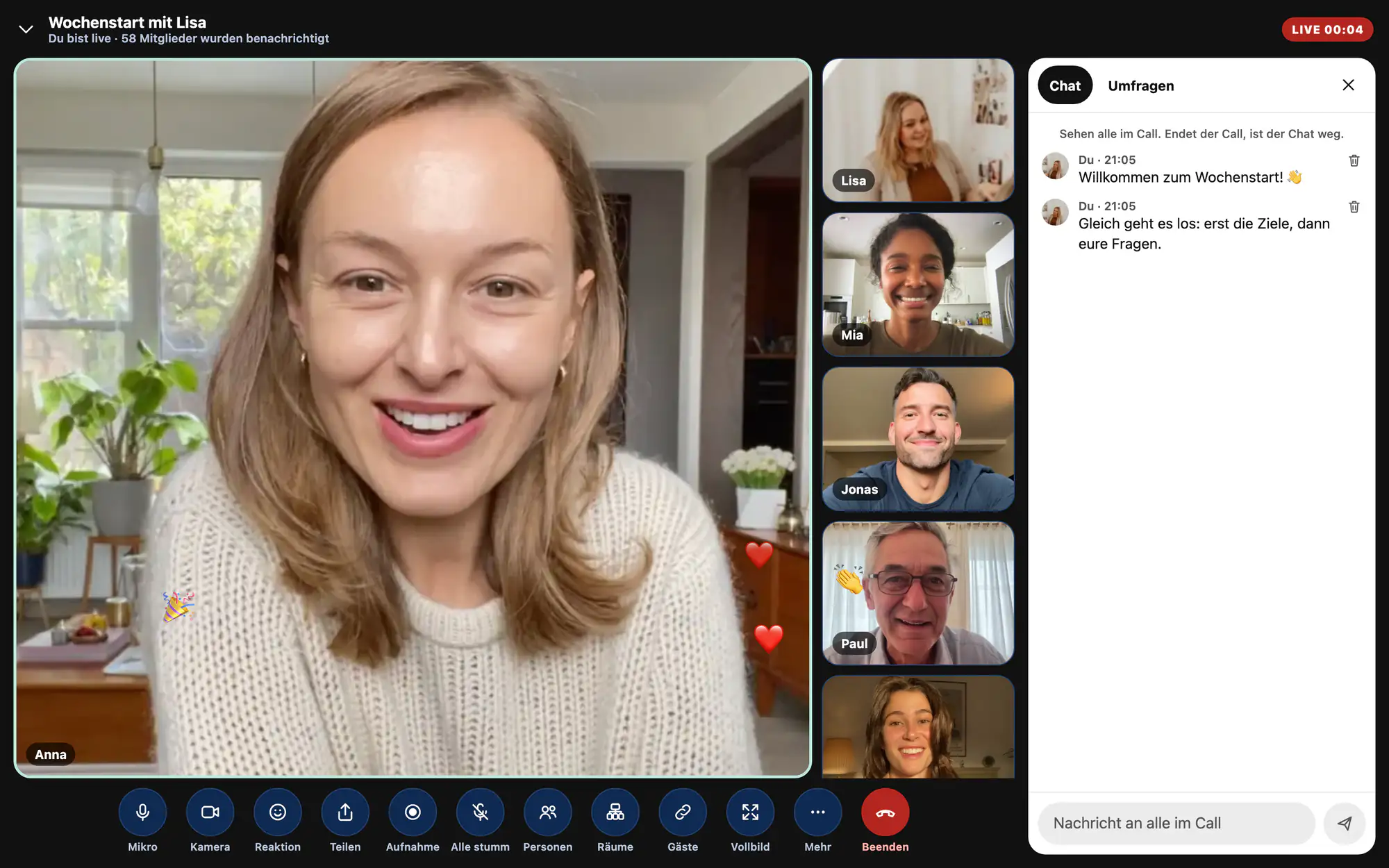 Am PC: Live-Call in der App mit Chat und Reaktionen