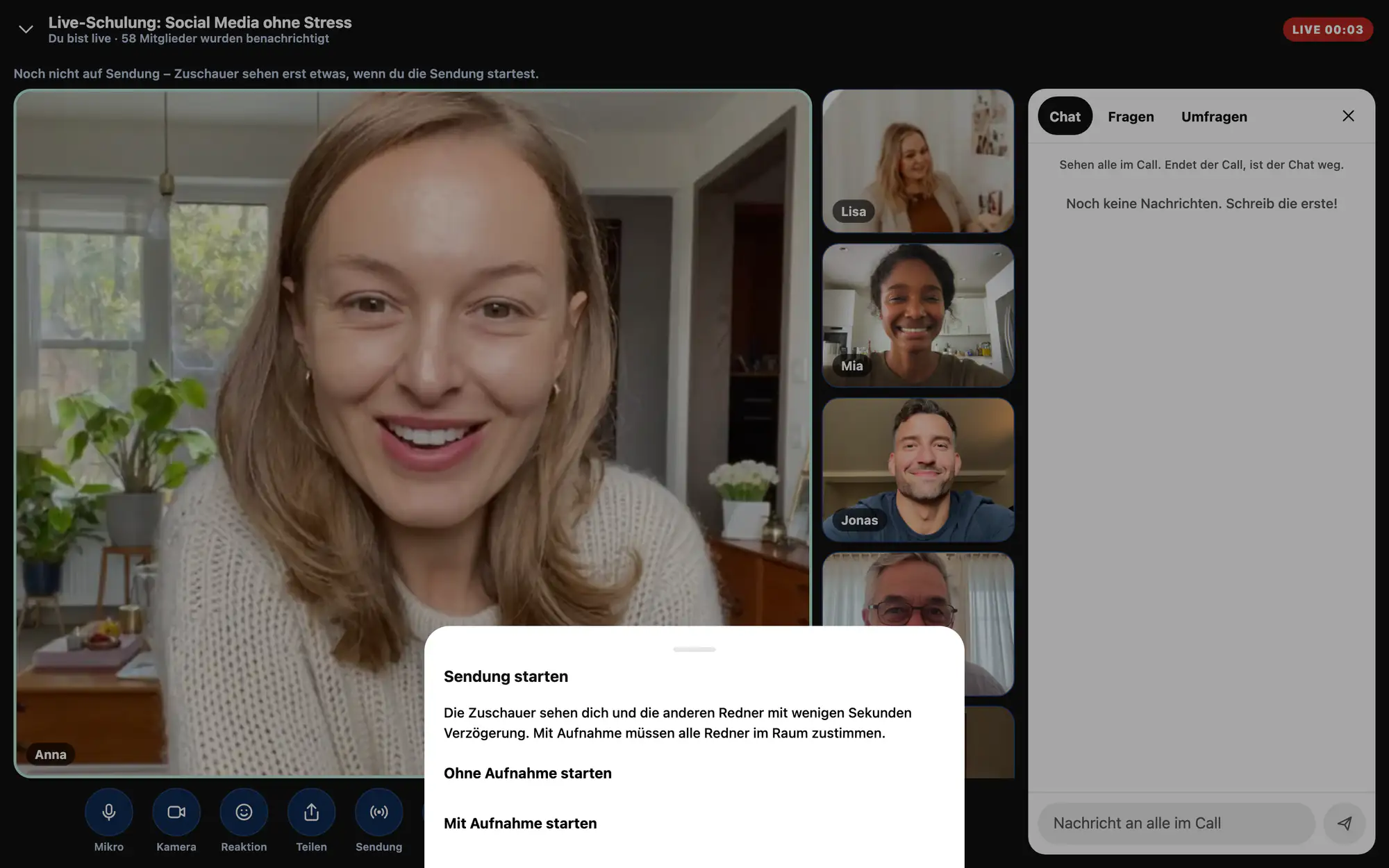 Am PC: Webinar: Sendung starten, mit oder ohne Aufnahme
